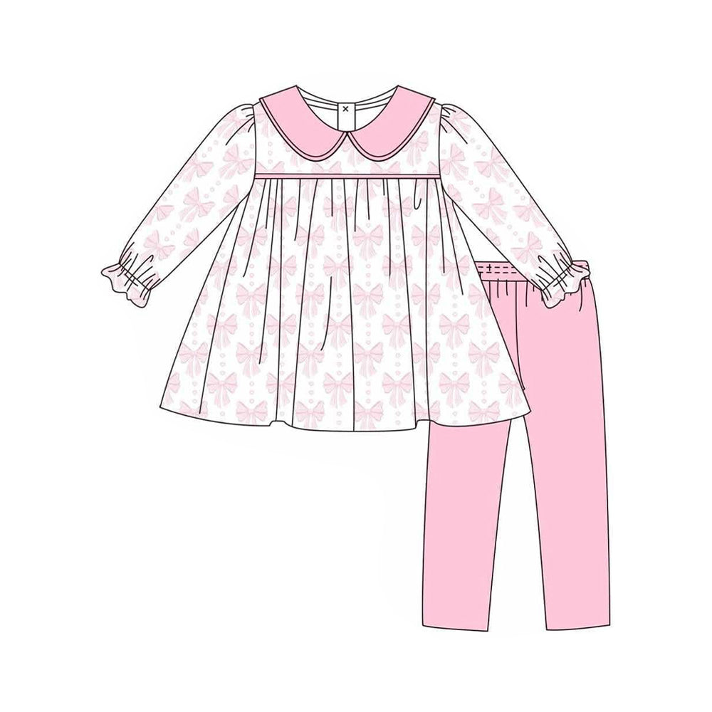 NO MOQ sales GLP2480 Pre-order baby girls clothes bow pink long sleeve pants sets-2025.6.12