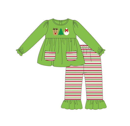 NO MOQ sales GLP2490 Pre-order baby girls clothes Christmas green long sleeve pants sets-2025.6.12