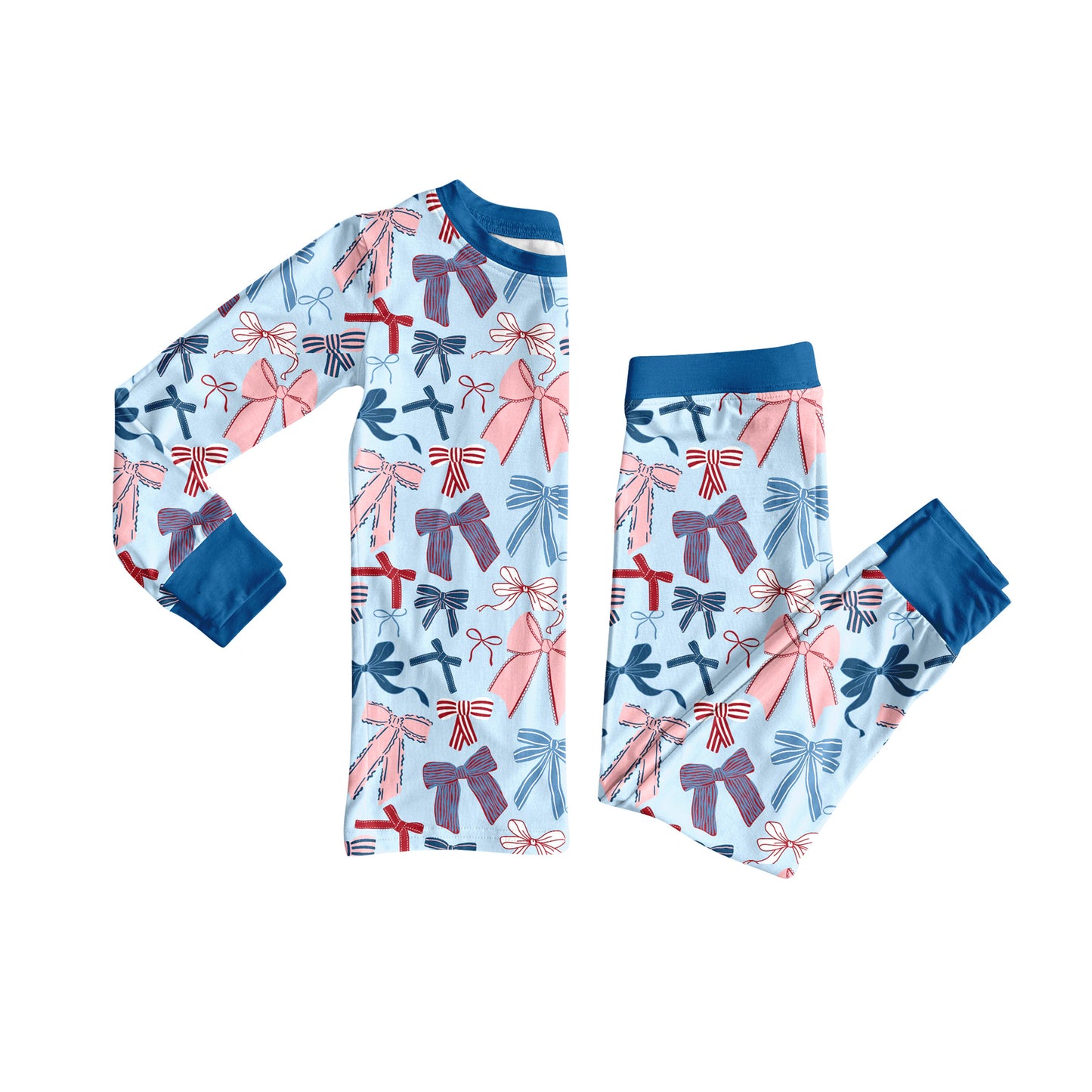 (Pre Order) No moq GLP2555 Pre-order baby girls clothes bow blue long sleeve pants sets-2025.7.3