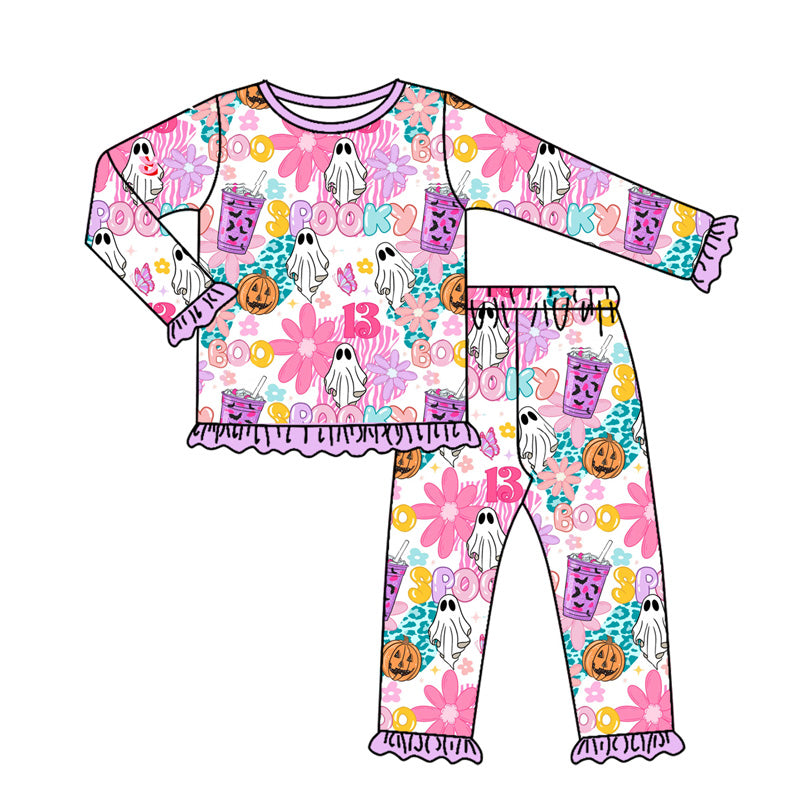 (Pre Order) No moq GLP2556 Pre-order baby girls clothes pumpkin floral purple long sleeve pants sets-2025.7.3