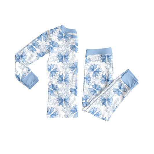 (Pre Order) No moq GLP2565 Pre-order baby girls clothes bow blue long sleeve pants sets-2025.7.5