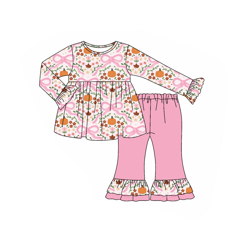 (Pre Order) No moq GLP2577 Pre-order baby boys clothes pumpkin bow floral pink long sleeve pants sets-2025.7.8