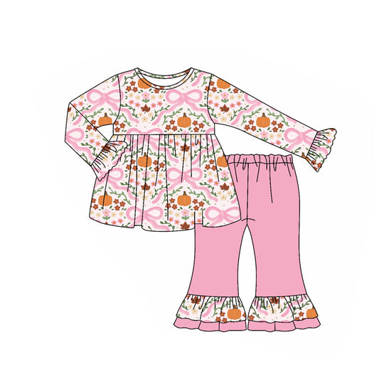 (Pre Order) No moq GLP2577 Pre-order baby boys clothes pumpkin bow floral pink long sleeve pants sets-2025.7.8