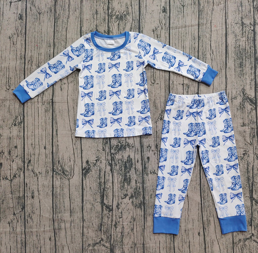 (Pre Order) No moq GLP2583 Pre-order baby girls clothes boot bow blue long sleeve pants sets-2025.9.13