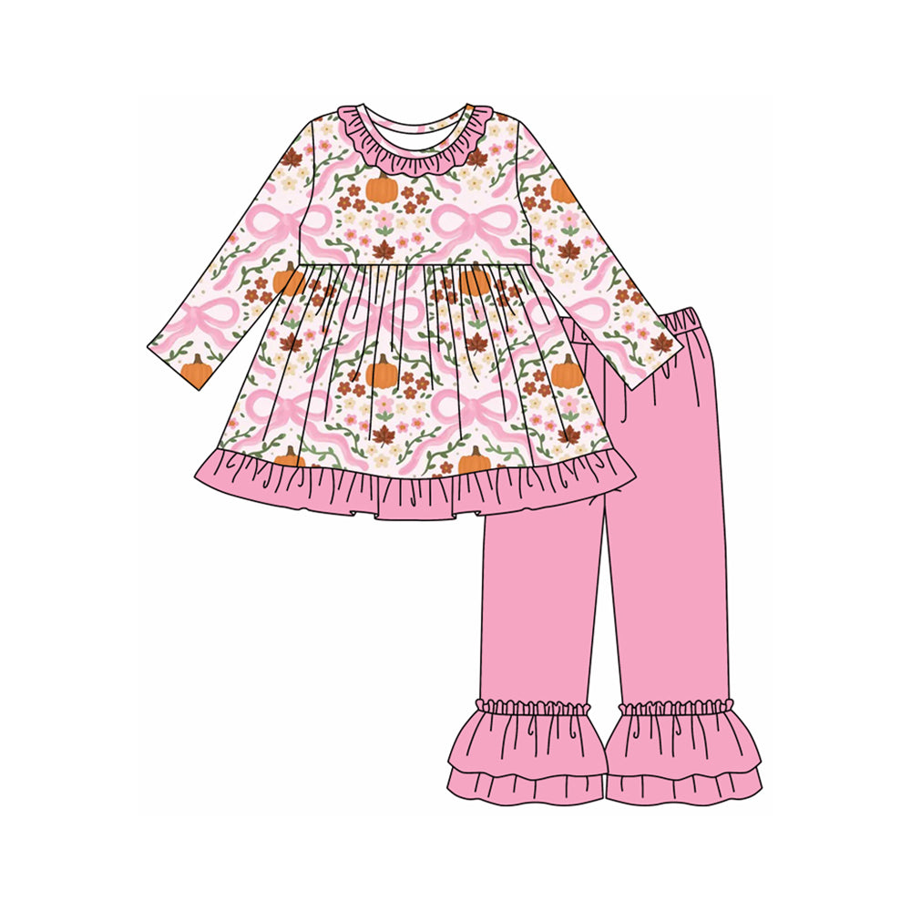 (Pre Order) No moq GLP2626 Pre-order baby girls clothes pumpkin bow floral pink long sleeve pants sets-2025.7.23