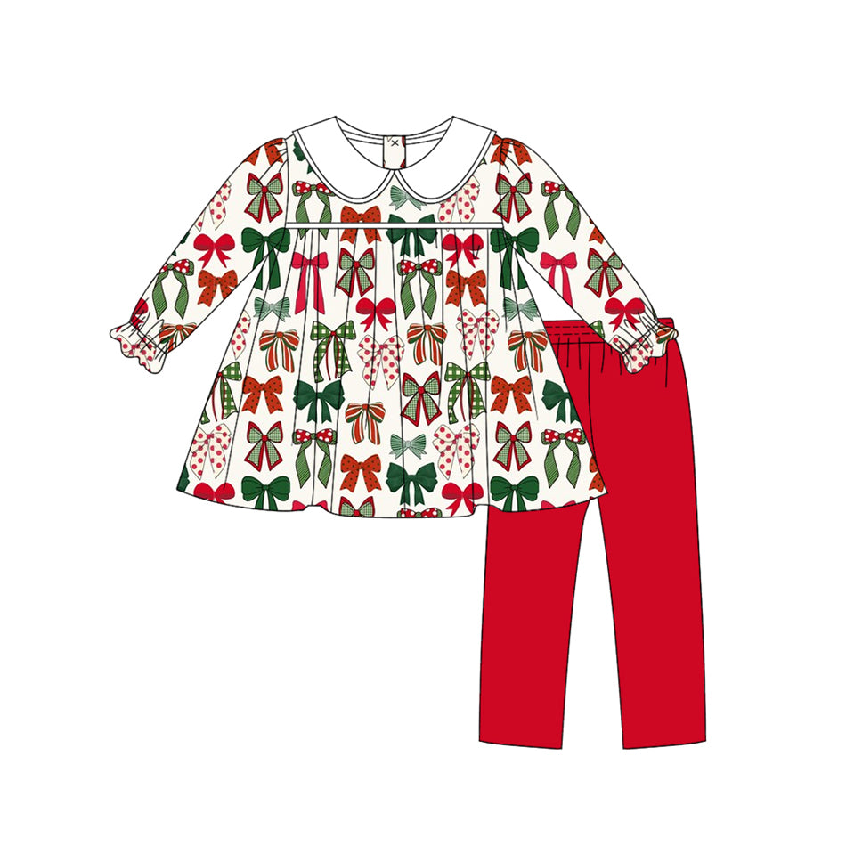 (Pre Order) No moq GLP2643 Pre-order baby girls clothes Christmas bow long sleeve pants sets-2025.7.26
