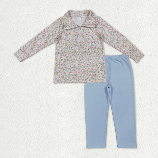 RTS NO MOQ Baby Girls Floral Zipper Pullover Blue Legging Pants Outfit Set Comfortable Cotton Clothing for Infants