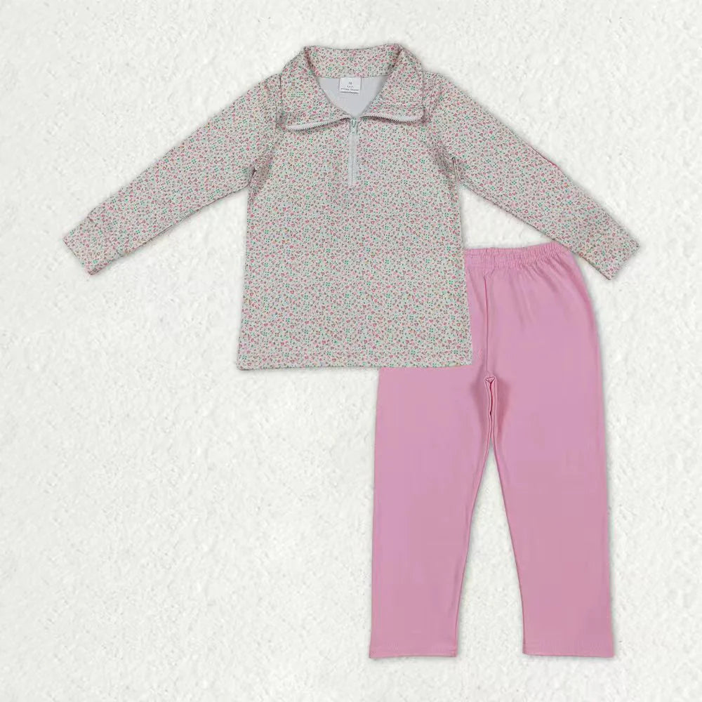 RTS NO MOQ Baby Girls Floral Print Zipper Pullover Top with Pink Legging Pants Cute Casual Two-Piece Set for Infants