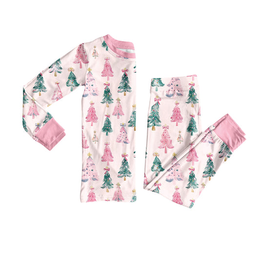 (Pre Order) No moq GLP2686 Pre-order baby girls clothes Christmas trees bow pink long sleeve pants sets-2025.8.8