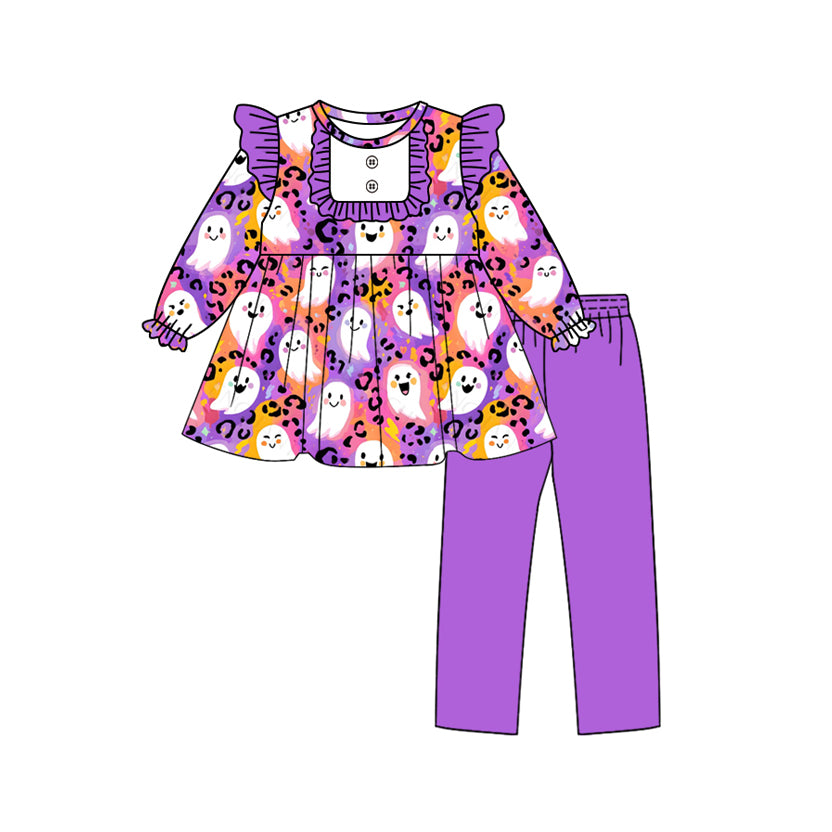 (Pre Order) No moq GLP2694 Pre-order baby girls clothes ghost purple long sleeve pants sets-2025.8.9