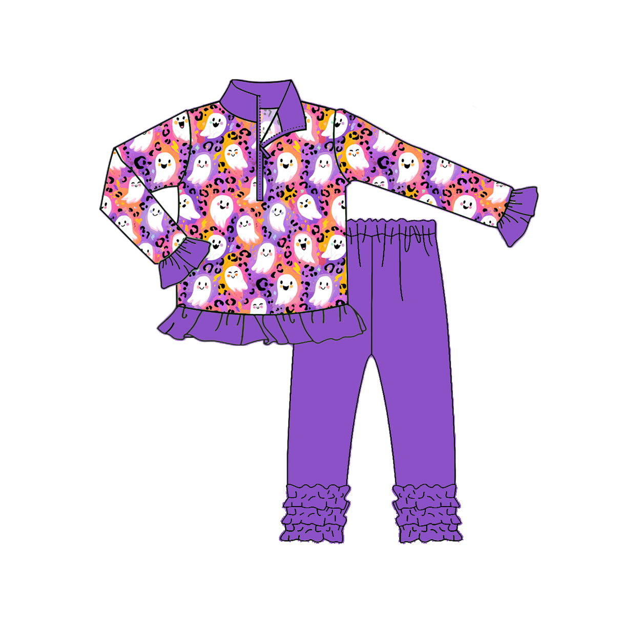 (Pre Order) No moq GLP2695 Pre-order baby girls clothes ghost purple long sleeve pants sets-2025.8.9