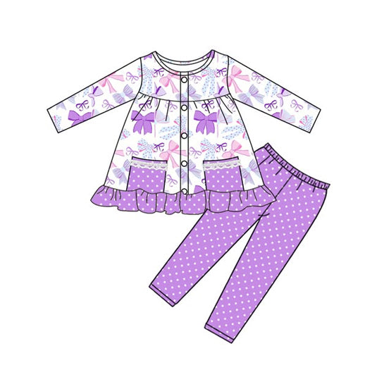 (Pre Order) No moq GLP2722 Pre-order baby girls clothes bow purple long sleeve pants sets-2025.8.16
