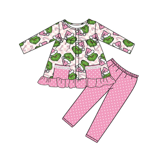 (Pre Order) No moq GLP2727 Pre-order baby girls clothes Christmas cartoon pink long sleeve pants sets-2025.8.18