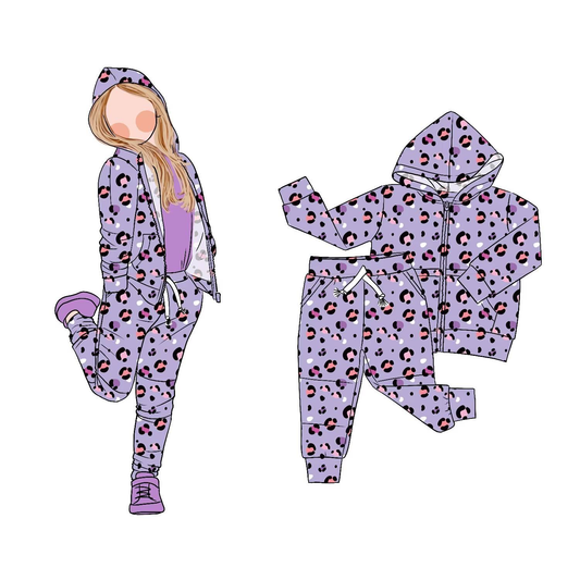 (Pre Order) No moq GLP2791 pre-order baby girls clothes leopard purple hooded long sleeve pants sets-2025.9.3