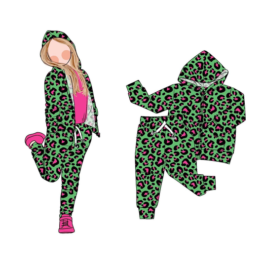 (Pre Order) No moq GLP2792 pre-order baby girls clothes leopard green hooded long sleeve pants sets-2025.9.3