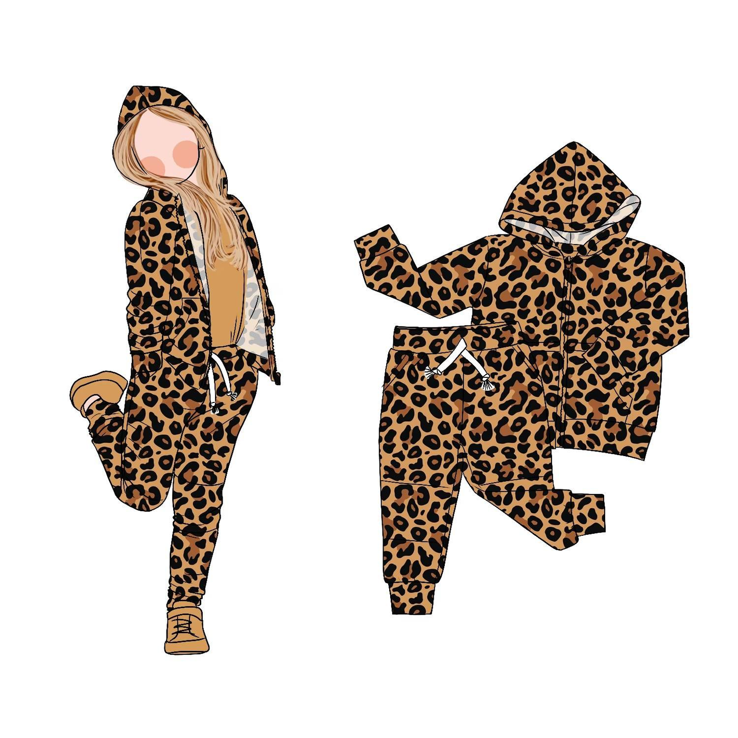 (Pre Order) No moq GLP2793 pre-order baby girls clothes leopard brown hooded long sleeve pants sets-2025.9.3