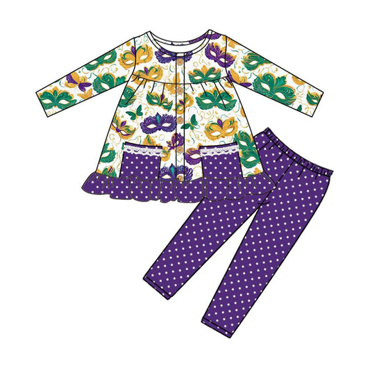 (Pre Order) No moq GLP2821 Pre-order baby girl clothes mardi gras purple long sleeve pants sets-2025.9.5