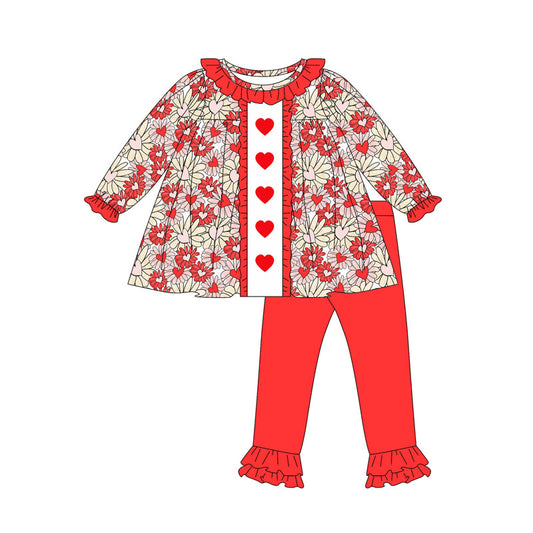 (Pre Order) No moq GLP2847 Pre-order baby girl clothes floral love red long sleeve pants sets-2025.9.10