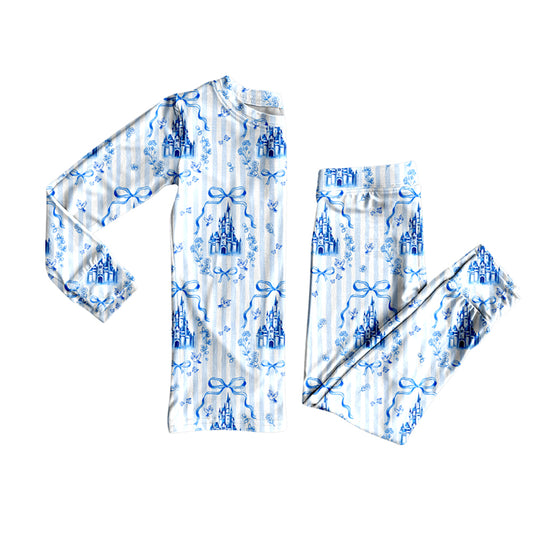 (Pre Order) No moq GLP2852 Pre-order baby girl clothes castle bow blue long sleeve pants sets-2025.9.10