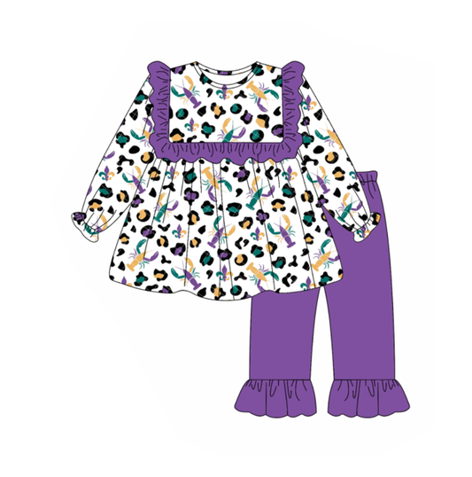 (Pre Order) No moq GLP2855 Pre-order baby girl clothes mardi gras purple long sleeve pants sets-2025.9.10
