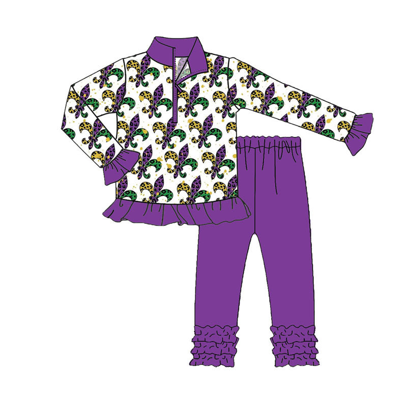 (Pre Order) No moq GLP2873 Pre-order baby girl clothes Mardi gras purple long sleeve pants sets-2025.9.13