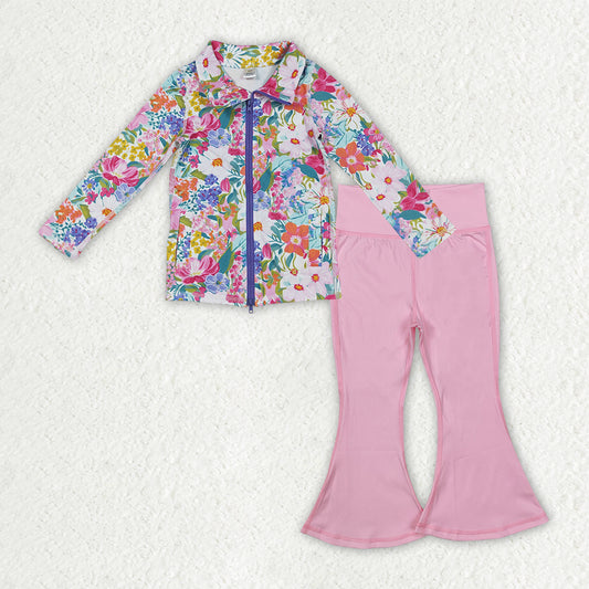RTS NO MOQ（In Stock) GT1061+P0576 Colorful Floral Yoga Zipper Long-Sleeved Top Light Pink Yoga Pants set