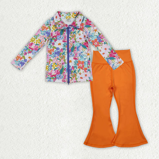 RTS NO MOQ（In Stock) GT1061+P0684 Colorful Floral Yoga Zipper Long-Sleeved Top Orange Yoga Pants set