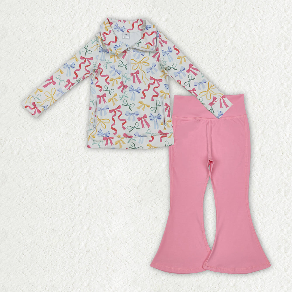 RTS NO MOQ（In Stock) GT1065+P0573 Beige yoga long-sleeved zip-up top with colorful bow pattern Pink Yoga Pants set