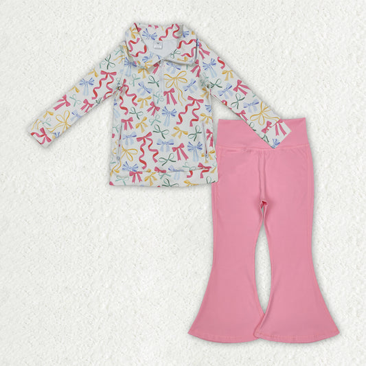 RTS NO MOQ（In Stock) GT1065+P0573 Beige yoga long-sleeved zip-up top with colorful bow pattern Pink Yoga Pants set