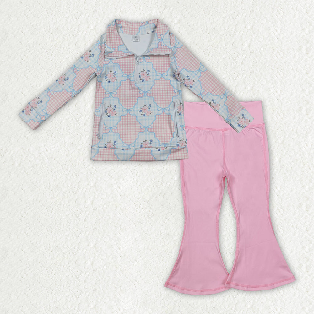 RTS NO MOQ（In Stock) GT1062+P0576 Floral plaid bow pattern yoga long-sleeved zip-up top Light Pink Yoga Pants set