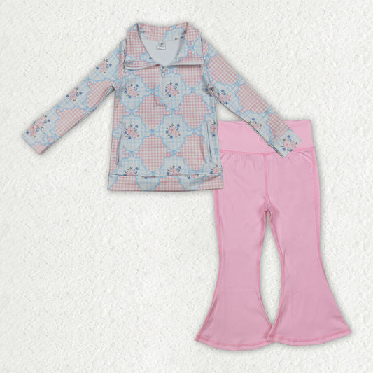 RTS NO MOQ（In Stock) GT1062+P0576 Floral plaid bow pattern yoga long-sleeved zip-up top Light Pink Yoga Pants set