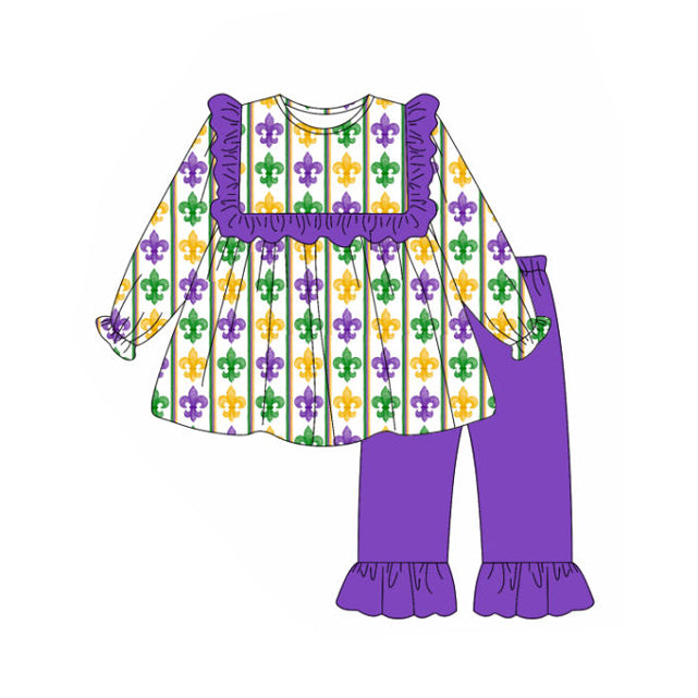 (Pre Order) No moq GLP2922 Pre-order baby girl clothes mardi gras purple long sleeve pants sets-2025.9.25