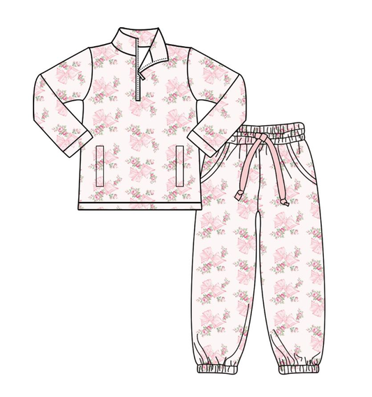 (Pre Order) No moq GLP2941 Pre-order baby girl clothes yoga floral bow long sleeve pants sets-2025.9.30