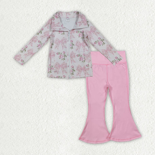 RTS NO MOQ（In Stock) GT1075+P0576 Pink long-sleeved yoga top with floral, leaf, and bow pattern Yoga Pants set