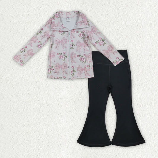 RTS NO MOQ（In Stock) GT1075+P0578 Pink long-sleeved yoga top with floral, leaf, and bow pattern black Yoga Pants set