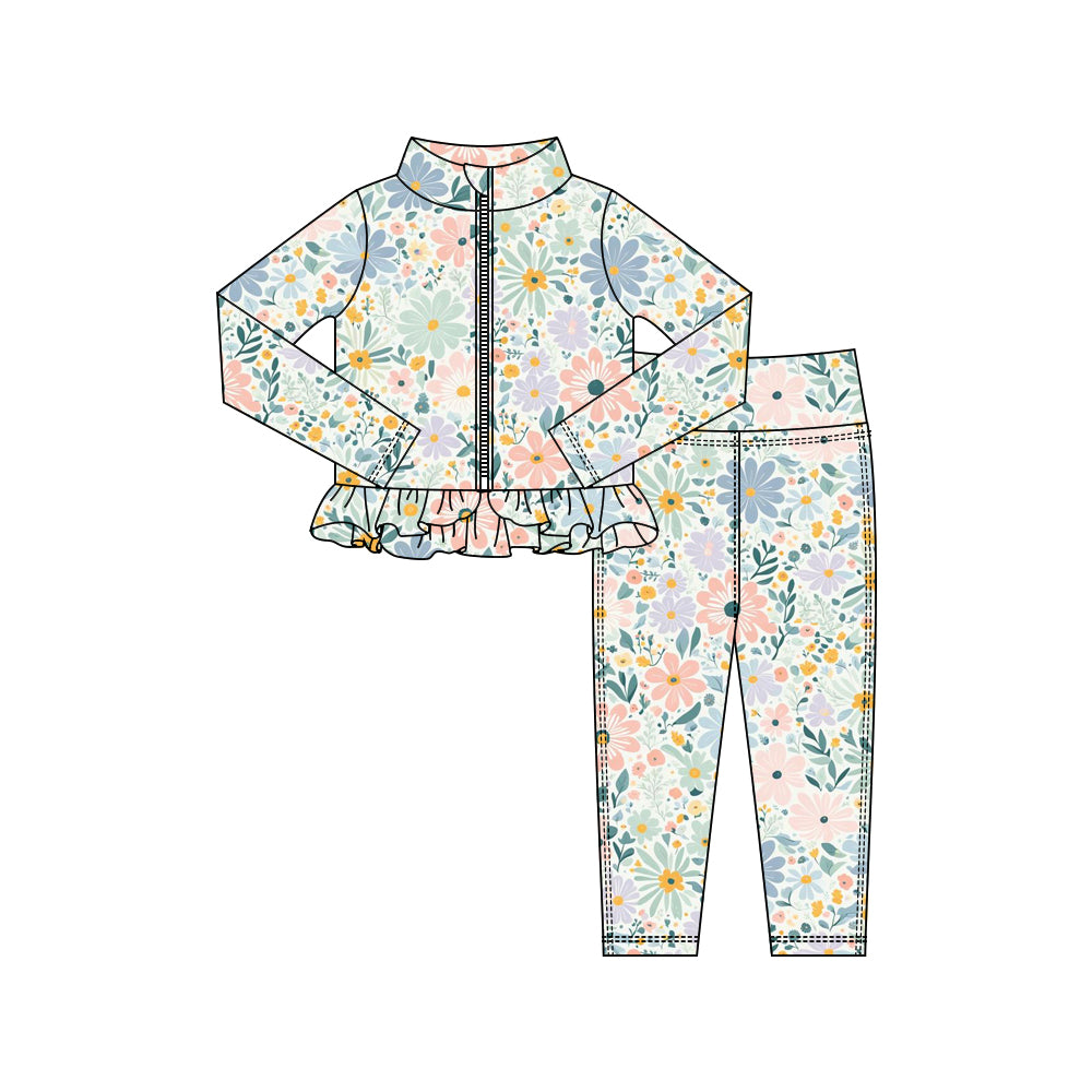 (Pre Order) No moq GLP3003 Pre-order baby girl clothes yoga floral long sleeve pants sets-2025.10.15