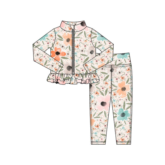 (Pre Order) No moq GLP3004 Pre-order baby girl clothes yoga floral long sleeve pants sets-2025.10.15