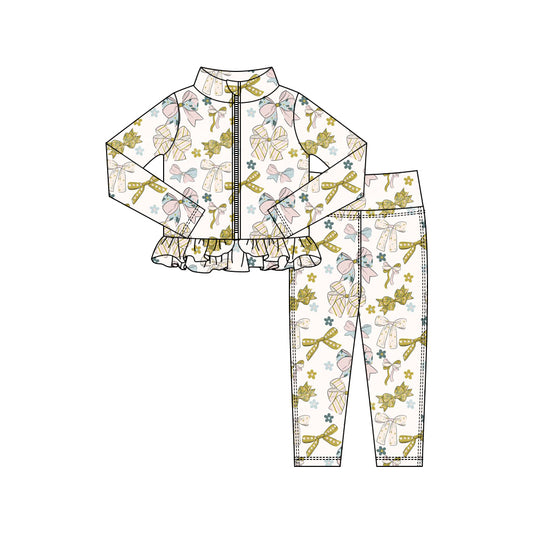 (Pre Order) No moq GLP3005 Pre-order baby girl clothes yoga bow floral long sleeve pants sets-2025.10.15