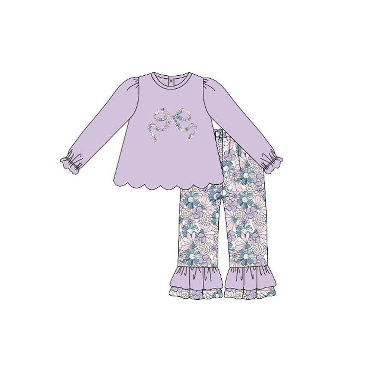 (Pre Order) No moq GLP3019 Pre-order baby girl clothes bow floral purple long sleeve pants sets-2025.10.15