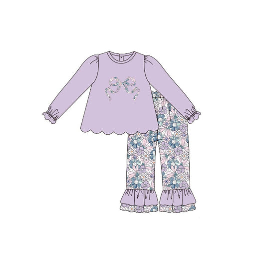 (Pre Order) No moq GLP3019 Pre-order baby girl clothes bow floral purple long sleeve pants sets-2025.10.15