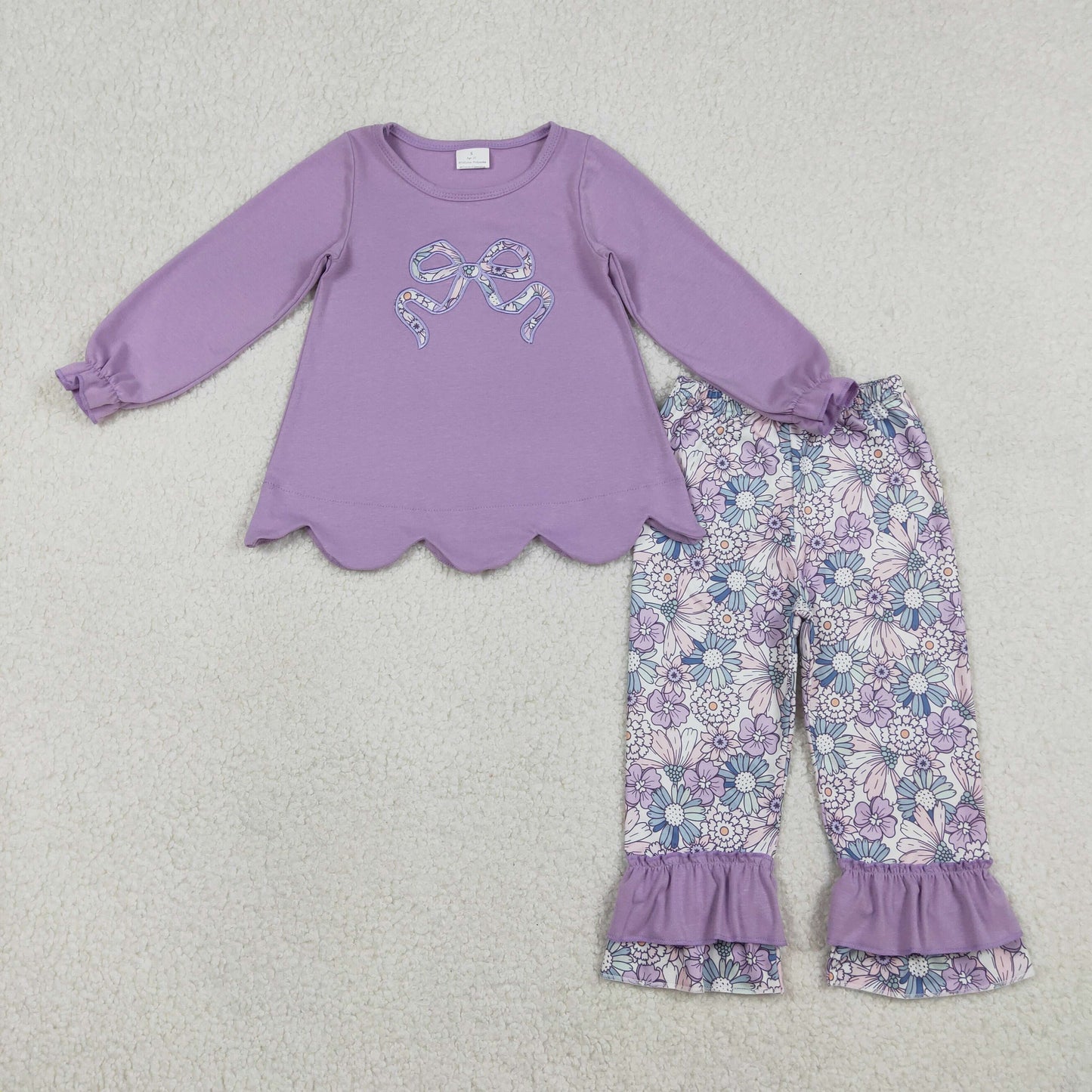 RTS NO MOQ baby girl clothes embroidery bow long sleeve pants Clothes Sets