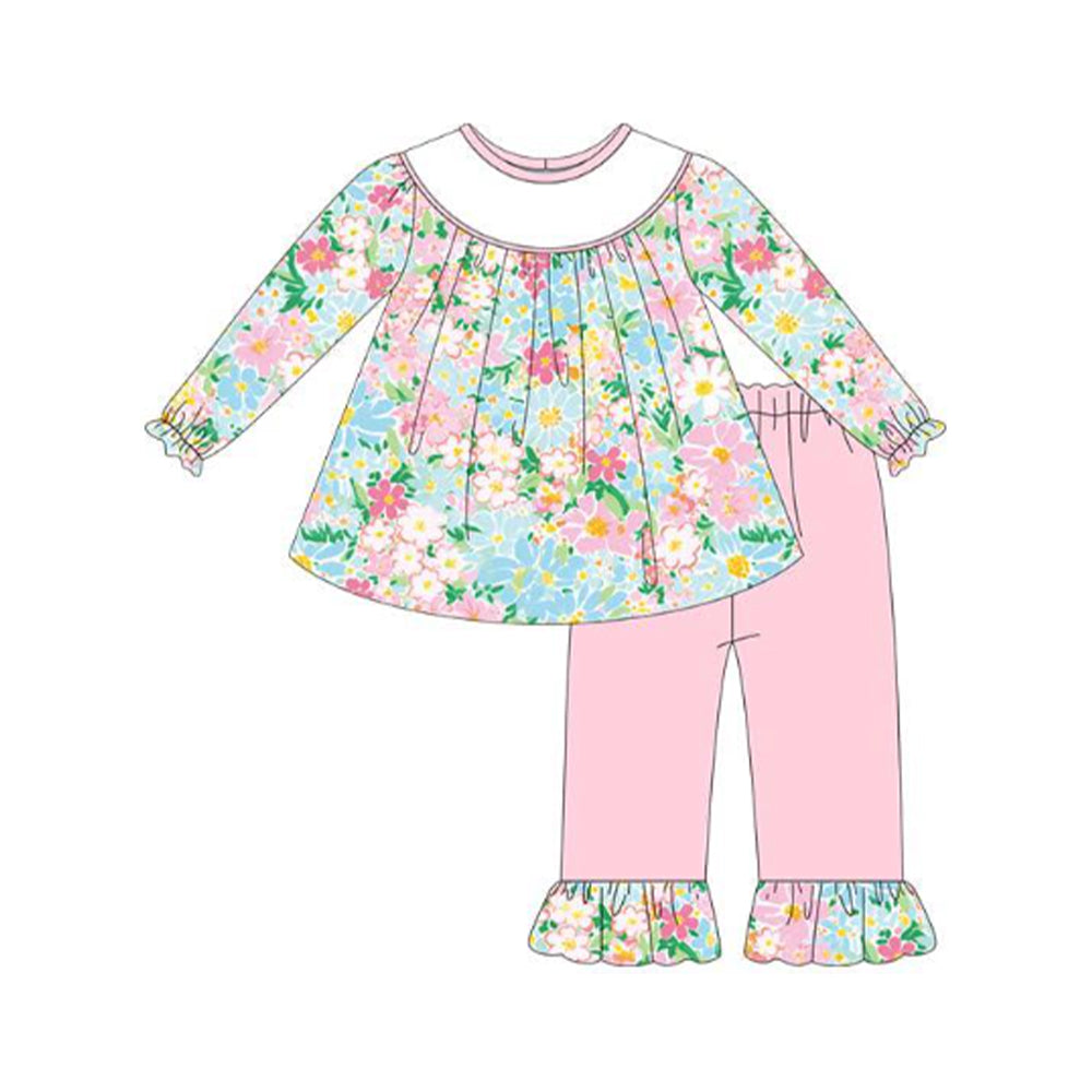 (Pre Order) No moq GLP3053 Pre-order baby girl clothes floral long sleeve pants sets-2025.10.20