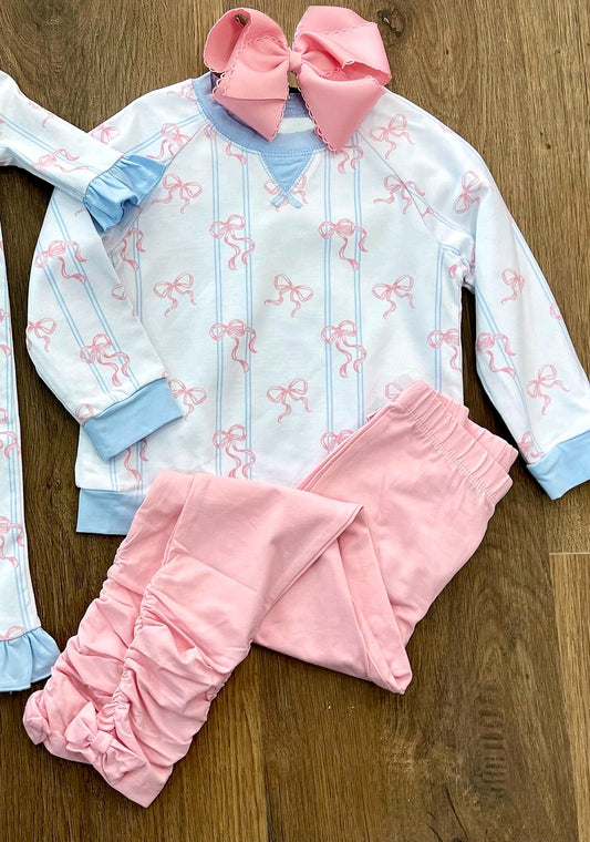 (Pre Order) No moq GLP3063 Pre-order baby girl clothes bow long sleeve pants sets-2025.10.24
