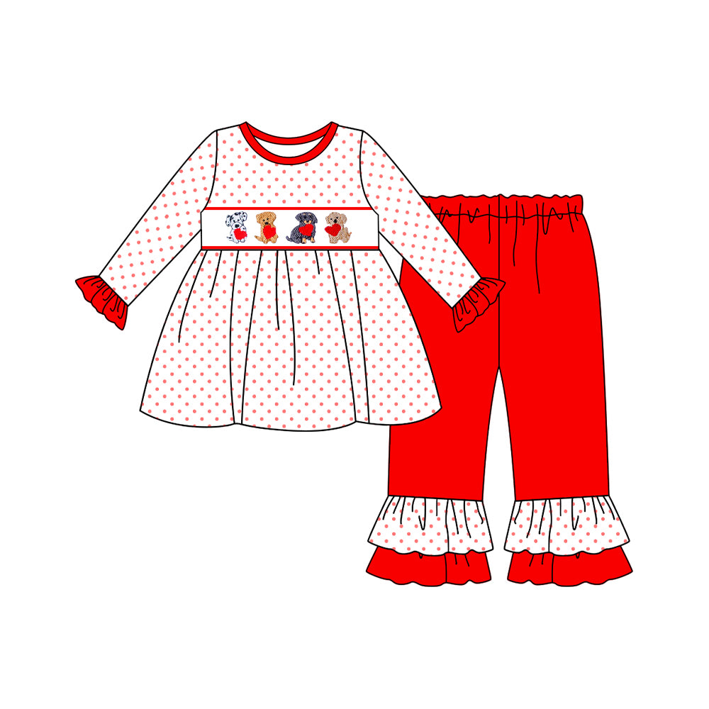 (Pre Order) No moq GLP3073 Pre-order baby girl clothes puppy love red long sleeve pants sets-2025.10.28