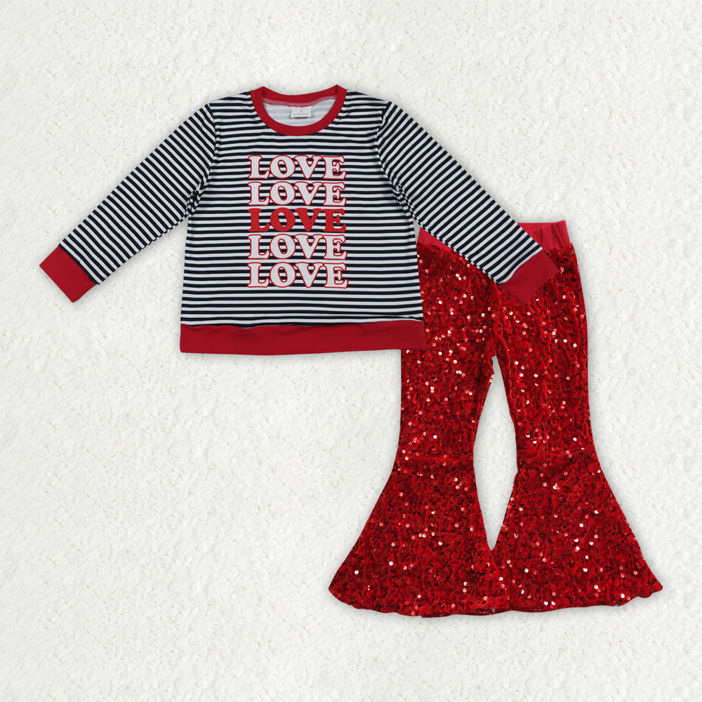 12/18m-7/8t RTS NO MOQ（In Stock) GLP3084 love long-sleeved red sequined pants set-GT1237+B4-11