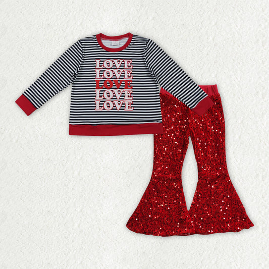 12/18m-7/8t RTS NO MOQ（In Stock) GLP3084 love long-sleeved red sequined pants set-GT1237+B4-11
