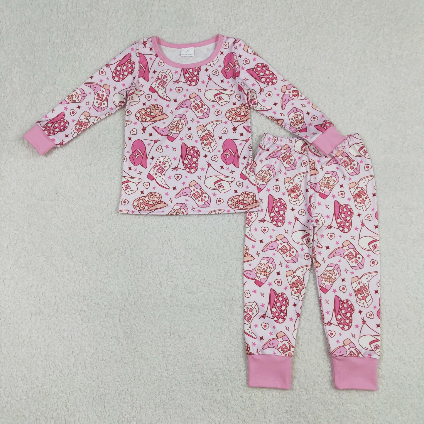 RTS NO MOQ（In Stock) Yeehaw Cowboy Hat Boots Star Pink Long-Sleeve Pants Pajama Set