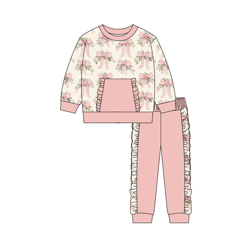 (Pre Order) No moq GLP3105 Pre-order baby girl clothes bow floral long sleeve pants sets-2025.11.1
