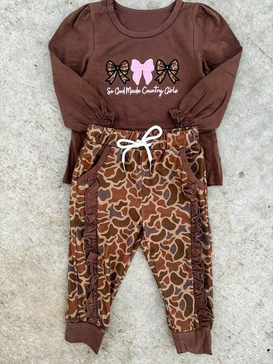 (Pre Order) No moq GLP3206 Pre-order baby girl clothe bow camouflage long sleeve pants sets-2025.11.24