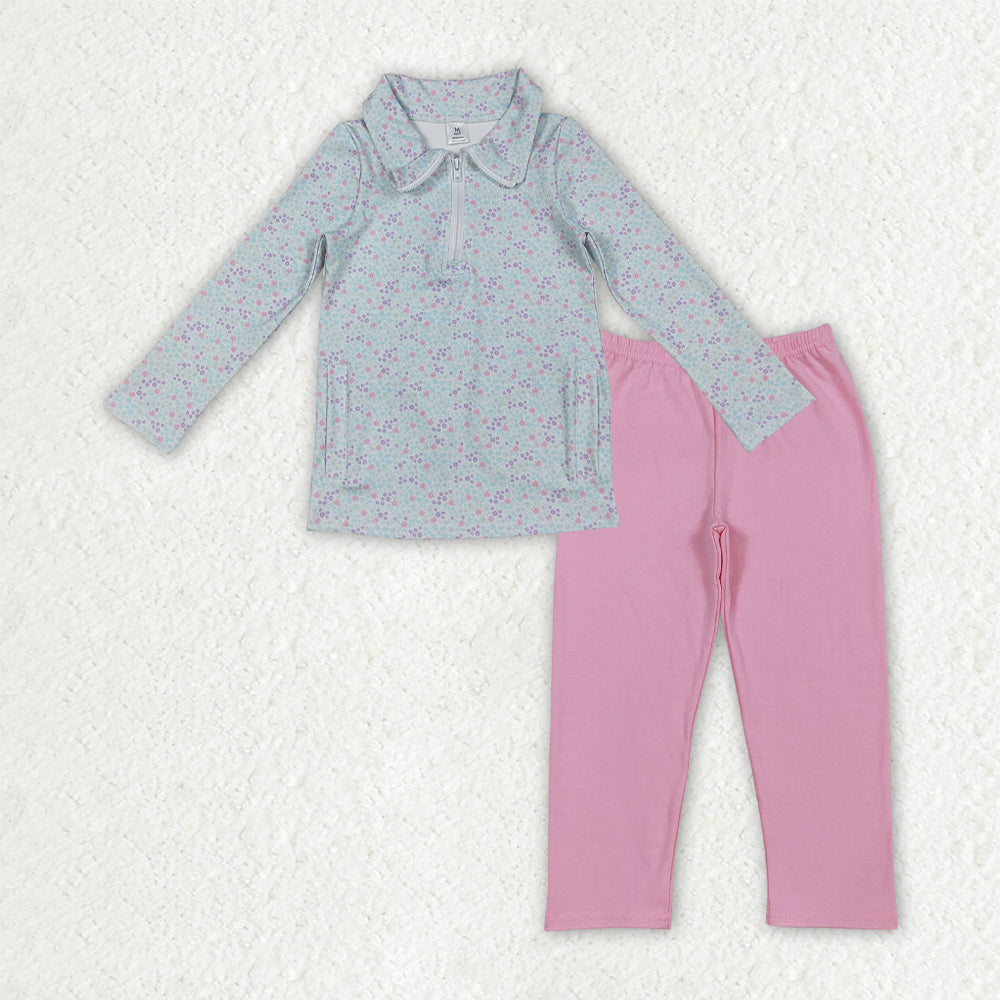 RTS NO MOQ（In Stock) Pink long-sleeved zip-up yoga top with floral, leaf, and bow pattern Pants set